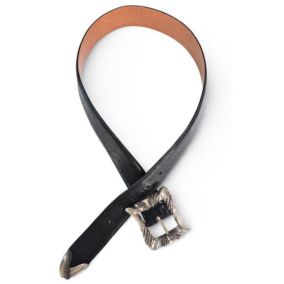 Brighton Belt Black Womens Med Embossed Leather Silver Tone Large Buckle & Tip - Picture 1 of 9